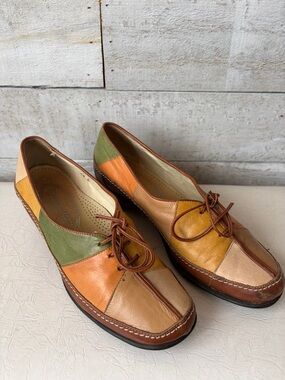 Roberto Capucci Leather Patchwork Lace-Up Loafers in Brown, Tan, Green